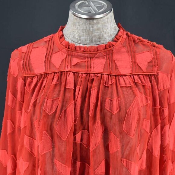 Le Fou Wilfred Sheer Ruffle Neck Geometric Red Long Sleeve Blouse- XXS - Picture 4 of 8